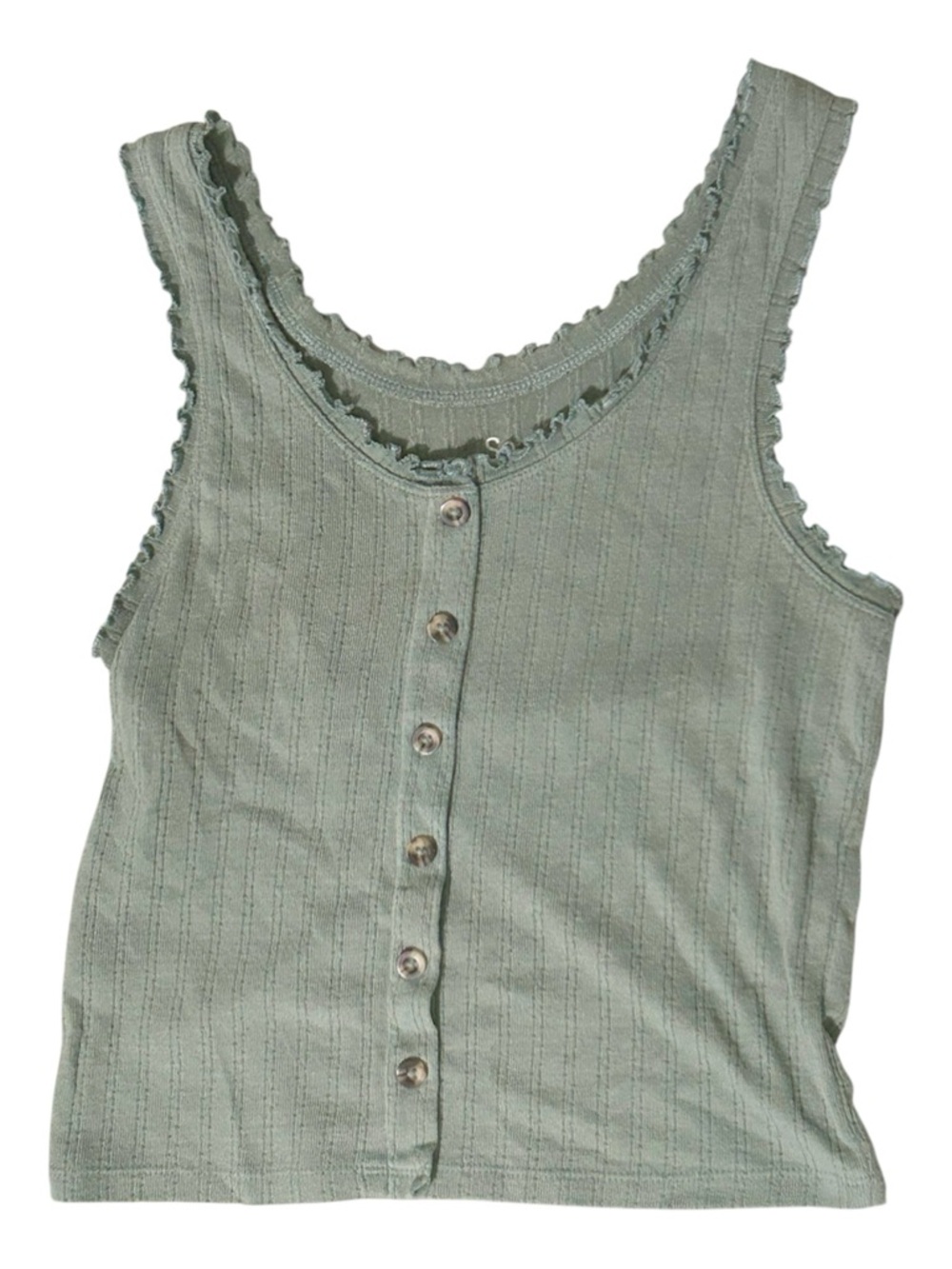 SO Sage Green Ribbed Tank with Ruffle Trim and Buttons